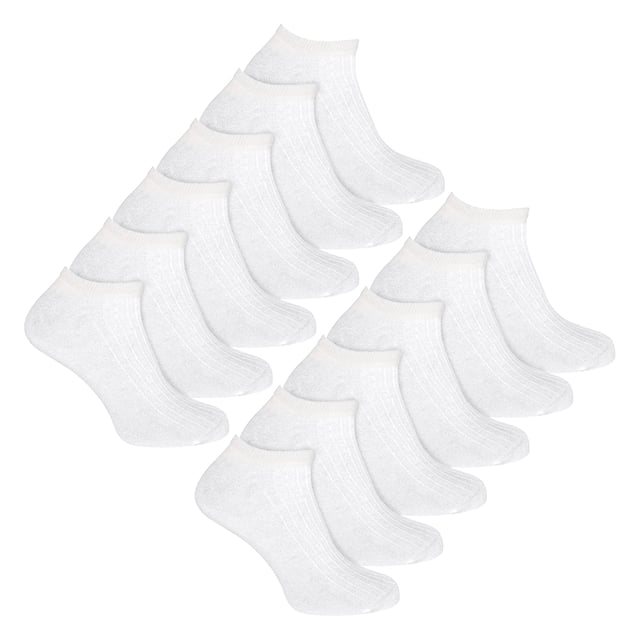 Men’s 12 Pack 100% Cotton Trainer Socks: When it comes to comfort, everyone agrees that the best bet is cotton due to its natural softness and moisture-wicking properties. Every man needs a pair of super comfortable and practical socks in his life. These 100% cotton socks provide just that!. These men’s socks are made from a soft and breathable cotton fabric for a super-soft feel. They feature a low cut trainer style, making them perfect for casual or formal wear. The moisture-wicking properties will keep your feet cool and dry throughout the day, ensuring you stay fresh. These socks also have a loose top, which ensures that you do not end up with any nasty constriction rings around your ankles after prolonged use. These premium quality socks are 100% Cotton, which means they are extra soft and comfortable, making them perfect for wearing during long days at work or around the house. You won't suffer any nasty irritation while wearing these socks, and they will make sure that you are as comfortable as you can be! These socks are ribbed to help keep them up, and are great for everyday wear, or as light, thin pairs of socks. Everyday technology for any man's feet!. These socks come in a 12 pair multipack, are available in sizes 6-11 UK and 12-14 UK, and are available in Black or White. They are Machine Washable. Extra Product Details: Men’s 12 Pairs Cotton Socks 100% Super Soft Cotton Low Cut Trainer Length Extra Comfort Moisture Wicking 2 Colour Options: Black Or White Ribbed Design Casual Or Formal Wear Loose Top, No Irritation 2 Sizes: 6-11 UK, 12-14 UK Machine Washable