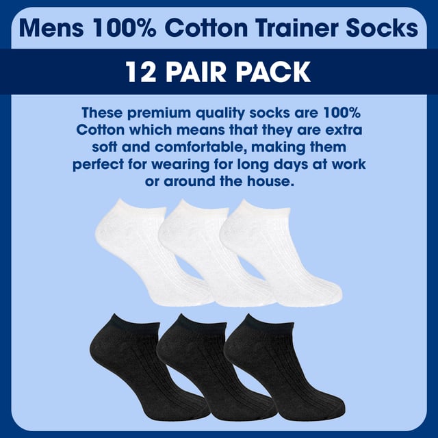 Men’s 12 Pack 100% Cotton Trainer Socks: When it comes to comfort, everyone agrees that the best bet is cotton due to its natural softness and moisture-wicking properties. Every man needs a pair of super comfortable and practical socks in his life. These 100% cotton socks provide just that!. These men’s socks are made from a soft and breathable cotton fabric for a super-soft feel. They feature a low cut trainer style, making them perfect for casual or formal wear. The moisture-wicking properties will keep your feet cool and dry throughout the day, ensuring you stay fresh. These socks also have a loose top, which ensures that you do not end up with any nasty constriction rings around your ankles after prolonged use. These premium quality socks are 100% Cotton, which means they are extra soft and comfortable, making them perfect for wearing during long days at work or around the house. You won't suffer any nasty irritation while wearing these socks, and they will make sure that you are as comfortable as you can be! These socks are ribbed to help keep them up, and are great for everyday wear, or as light, thin pairs of socks. Everyday technology for any man's feet!. These socks come in a 12 pair multipack, are available in sizes 6-11 UK and 12-14 UK, and are available in Black or White. They are Machine Washable. Extra Product Details: Men’s 12 Pairs Cotton Socks 100% Super Soft Cotton Low Cut Trainer Length Extra Comfort Moisture Wicking 2 Colour Options: Black Or White Ribbed Design Casual Or Formal Wear Loose Top, No Irritation 2 Sizes: 6-11 UK, 12-14 UK Machine Washable