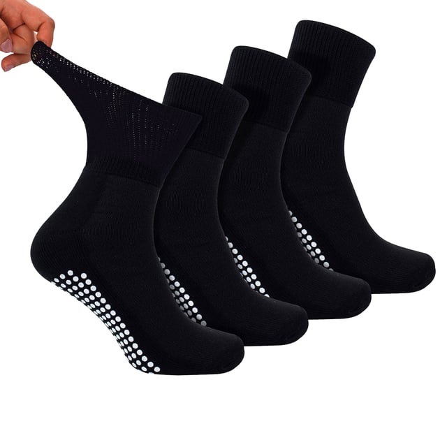 Dr.Socks 4er-Pack Kurze Bambus-Diabetikersocken mit Grips: Dr.Socks ist eine Marke, die darauf abzielt, Innovationen zu schaffen, um Ihre Füße komfortabel zu halten. Wir glauben an die Wichtigkeit, auf Ihr Wohlbefinden zu achten. Durch die Verwendung hochwertiger Materialien kann Dr.Socks einige der besten Socken herstellen, die dabei helfen, gesundheitliche Probleme, die unsere Füße betreffen, zu lindern. Bambus ist bekannt dafür, luxuriös weich und bequem zu sein und ist überlegen gegenüber Baumwolle. Seine natürlichen feuchtigkeitsregulierenden Eigenschaften helfen, die Füße schweißfrei zu halten, was die Atmungsaktivität und den gesamten Komfort verbessert. Diese Socken sind zudem mit rutschfesten Griffpunkten an der Sohle ausgestattet, um maximalen Halt auf harten Oberflächen wie Holz und Laminat zu gewährleisten, was sie ideal für entspannte Stunden zu Hause macht. Diese Socken sind besonders für Menschen mit Diabetes geeignet, die an schlechter Durchblutung oder geschwollenen Knöcheln leiden. Das kurze Knöchel-Design ist perfekt gefertigt und ideal für zusätzlichen Komfort bei warmem Wetter. Dr.Socks Diabetikersocken bestehen aus 43% Viskose aus Bambus, 40% biologischer Baumwolle, 12% Polyester, 3% Polyamid und 2% Elasthan und sind in Schwarz oder Weiß erhältlich. Sie sind in 4 Größen verfügbar: 4-7 UK, 6-8 UK, 9-11 UK und 12-14 UK und sind sicher maschinenwaschbar. Zusätzliche Produktdetails: Dr.Socks Bambus-Diabetikersocken 4 Paare pro Packung Rutschfeste Gripper Kurze Knöchelhöhe Superweiche Bambusfasern Extra breiter, nicht elastischer Bund Gerippte Design Socken Handverknüpfte, glatte Zehen Diabetikerfreundlich.
