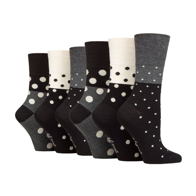 Calcetines de bambú Gentle Grip NO ELASTIC: Si la comodidad es su único objetivo cuando busca un par de calcetines, entonces considere este par de calcetines de bambú NO ELÁSTICOS de Gentle Grip como uno de los mejores. El bambú está considerado como la "superfibra" moderna, Gentle Grip es una marca de calcetines muy apreciada que se centra exclusivamente en la comodidad y la técnica NO ELÁSTICA es muy recomendable para reducir la presión en el pie... todo parece estar bien en este calcetín. Por qué el bambú es genial: El bambú es comúnmente conocido por ser un material impresionante. He aquí 3 razones por las que el bambú es el mejor. Absorción de la humedad - Las fibras de bambú controlan de forma natural la temperatura, por lo que es una fibra brillante tejida en calcetines. Gentle Grip - Non Elastic Honeycomb Top: Con un diseño especial HoneyComb Top, los calcetines suaves Gentle Grip son más cómodos para todos los usuarios, pero especialmente si tienes problemas circulatorios. La combinación de una mezcla de bambú natural y la parte superior de nido de abeja NO ELÁSTICA de los calcetines Gentle Grip en un solo paquete podría ser el par de calcetines perfecto para sus pies si la comodidad es su principal objetivo. Detalles adicionales del producto: * Pack de 6 pares, calcetines de bambú, NO ELÁSTICOS, parte superior de nido de abeja, talón y puntera reforzados, 5 diseños a elegir, 77% viscosa de bambú 17% poliéster y 1% elastano, talla 4-8 uk 37-42 eur 5-8 us, lavables a máquina