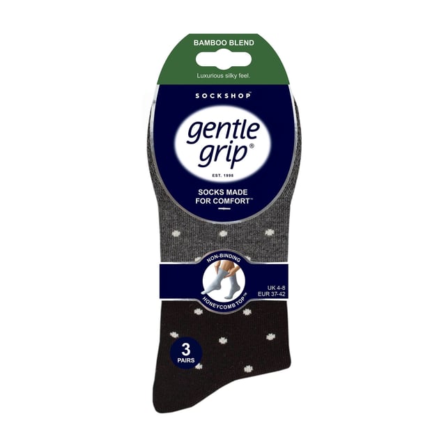 Calcetines de bambú Gentle Grip NO ELASTIC: Si la comodidad es su único objetivo cuando busca un par de calcetines, entonces considere este par de calcetines de bambú NO ELÁSTICOS de Gentle Grip como uno de los mejores. El bambú está considerado como la "superfibra" moderna, Gentle Grip es una marca de calcetines muy apreciada que se centra exclusivamente en la comodidad y la técnica NO ELÁSTICA es muy recomendable para reducir la presión en el pie... todo parece estar bien en este calcetín. Por qué el bambú es genial: El bambú es comúnmente conocido por ser un material impresionante. He aquí 3 razones por las que el bambú es el mejor. Absorción de la humedad - Las fibras de bambú controlan de forma natural la temperatura, por lo que es una fibra brillante tejida en calcetines. Gentle Grip - Non Elastic Honeycomb Top: Con un diseño especial HoneyComb Top, los calcetines suaves Gentle Grip son más cómodos para todos los usuarios, pero especialmente si tienes problemas circulatorios. La combinación de una mezcla de bambú natural y la parte superior de nido de abeja NO ELÁSTICA de los calcetines Gentle Grip en un solo paquete podría ser el par de calcetines perfecto para sus pies si la comodidad es su principal objetivo. Detalles adicionales del producto: * Pack de 6 pares, calcetines de bambú, NO ELÁSTICOS, parte superior de nido de abeja, talón y puntera reforzados, 5 diseños a elegir, 77% viscosa de bambú 17% poliéster y 1% elastano, talla 4-8 uk 37-42 eur 5-8 us, lavables a máquina