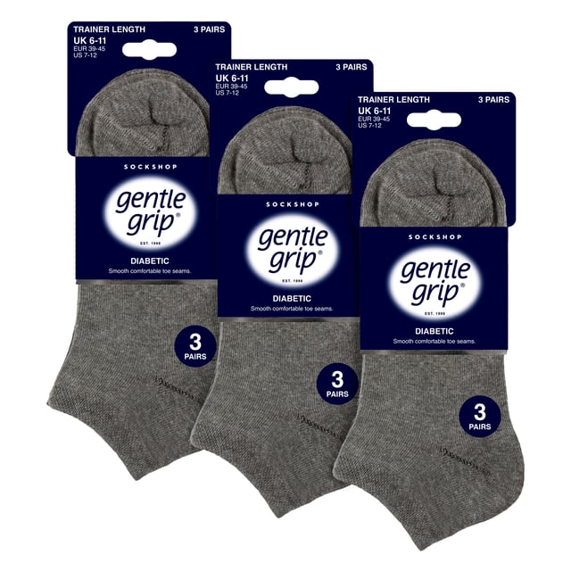 Gentle Grip - Men’s 9 Pair Multipack Diabetic Trainer Socks: Discover the ultimate solution for diabetic foot care with Gentle Grip's specially crafted diabetic socks for women. Engineered by technical experts, these Gentle Grip Diabetic Trainer socks offer a tailored approach to diabetic foot health with a low cut trainer length, perfect for the Spring & Summer seasons. Experience unparalleled comfort with these luxuriously soft cotton-rich socks, meticulously designed to securely hold ankles without elastication, eliminating the tightness that can pose problems for those with circulatory issues. Featuring hand-linked toes for smooth seams, these socks prioritise comfort for diabetics, preventing irritation and soreness. Choose these lightweight Gentle Grip diabetic trainer socks to care for your legs every day. These socks come in 9 pair packs and are available in 5 different options. They are made from: 77% Cotton, 15% Polyester, 1% Elastane. They come in 2 Men’s Sizes: 6-11 UK, 12-14 UK and are Machine Washable. Extra Product Details: Gentle Grip Diabetic Trainer Socks 9 Pack Diabetic Trainer Socks  NON ELASTIC Ankle Top Smooth Toe Seam HoneyComb Top Hand Linked Toe Seam