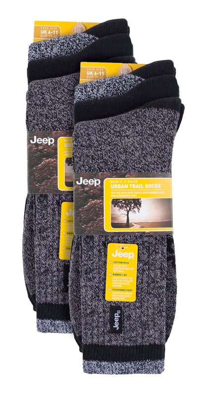 Pack de 6 calcetines de trabajo Jeep para hombre: Presentamos lo último para los largos días de pie: los calcetines para botas Jeep Workwear. Pensados para el uso diario, estos calcetines están diseñados para proporcionar un confort y una protección excepcionales, por lo que son ideales para botas de trabajo y calzado de seguridad. Fabricados con una mezcla de alto rendimiento de poliéster, algodón y elastano, estos calcetines ofrecen una combinación perfecta de suavidad y transpirabilidad. El acolchado completo de rizo asegura que sus pies permanezcan cómodos y protegidos de los golpes e impactos diarios, convirtiéndolos en un accesorio esencial para entornos de trabajo exigentes. Gracias a la cuidada inclusión de paneles transpirables y propiedades de evacuación de la humedad, tus pies se mantendrán secos y frescos incluso durante las tareas más agotadoras. . Los calcetines Jeep Workwear Boot Socks incorporan puños de canalé profundos, soporte para el tobillo y soportes para el arco del pie, garantizando un ajuste seguro que se mantiene en su sitio durante todo el día. . Decorados con la icónica marca Jeep, estos calcetines no sólo ofrecen un rendimiento excepcional, sino que también desprenden un estilo robusto y deportivo. Con un nivel de grosor que cae perfectamente en el rango medio, estos calcetines logran el equilibrio ideal entre protección y transpirabilidad. Detalles adicionales del producto: El compañero ideal para largas jornadas de trabajo. Confort y protección excepcionales para botas de trabajo. Mezcla de alto rendimiento para mayor suavidad y transpirabilidad. El acolchado de rizo protege de golpes e impactos. Los paneles transpirables mantienen los pies secos y frescos. Ajuste seguro con puños de canalé profundos y soportes para el arco. Estilo robusto con la icónica marca Jeep. Tres pares en cada paquete para llevarlos todo el día.