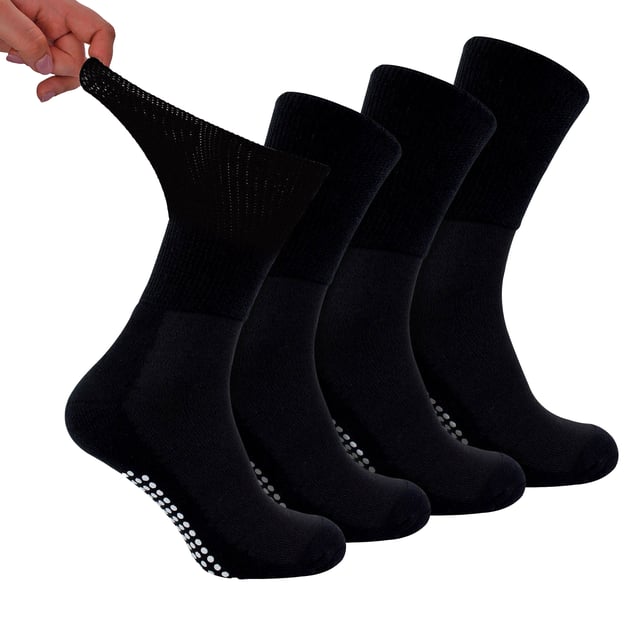 Dr.Socks Pack de 4 Calcetines Diabéticos de Bambú con Agarres: Dr.Socks es una marca que pretende innovar cuando se trata de mantener tus pies cómodos. Creemos en la importancia de cuidar de su bienestar, mediante el uso de materiales de alta calidad, Dr.Socks son capaces de producir algunos de los mejores calcetines que ayudan a aliviar los problemas de salud que afectan a nuestros pies. El bambú es conocido por ser lujosamente suave y cómodo y es superior al algodón. Sus propiedades naturales de absorción de la humedad ayudan a mantener los pies libres de sudor, mejorando la transpirabilidad y el confort general. . Estos calcetines son ideales para las personas diabéticas que sufren de mala circulación o tobillos hinchados. Tienen una parte superior no elástica extra ancha que permite que el calcetín se adapte a la forma natural de las piernas, reduciendo las dolorosas marcas dejadas por la constricción que la elasticidad normal puede crear. Los calcetines para diabéticos Dr.Socks están hechos de 43% viscosa de bambú, 40% algodón orgánico, 12% poliéster, 3% poliamida, 2% elastano y están disponibles en 3 colores: Negro, Blanco y Negro/Azul Marino/Gris/Azul. Están disponibles en 4 tallas: 4-7 UK, 6-8 UK, 9-11 UK & 12-14 UK y se pueden lavar a máquina. Detalles adicionales del producto: Dr.Socks Calcetines de Bambú para Diabéticos 4 Pares por Paquete Agarres Antideslizantes Súper Suaves Fibras de Bambú Extra Anchos No Elásticos Diseño Acanalado Calcetines Suaves y Duraderos Aptos para Diabéticos Propiedades de Absorción de la Humedad 4 Opciones de Colores Dr.Socks Branded