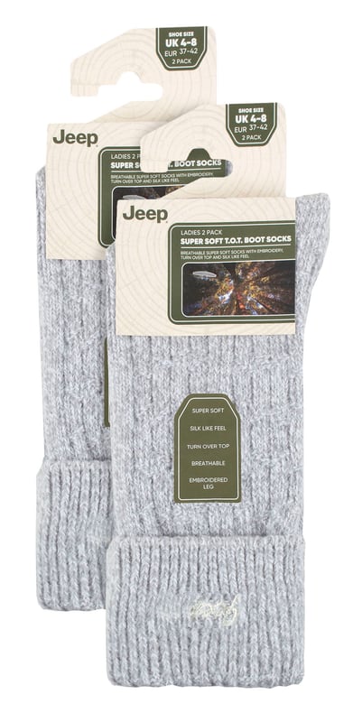 Jeep Ladies 4 Pack Turn Over Top Boot Socks: Introducing the Jeep Super Soft Turn Over Top Boot Socks, a delightful twin-packed set designed for ultimate comfort and cosiness. Crafted from 97% Polyester and 3% Elastane, these crew length ladies' socks boast a silk-like feel and are exceptionally breathable. The medium thickness, ribbed legs, and standard toe seams add to their appeal, making them a perfect match for ankle-length boots. With a charming Jeep embroidery on the turn over top cuffs, these socks come in complementing plain and marl colours. Their enhanced decorative ribbed pattern exudes elegance and style. Despite the thick knit, these socks efficiently release moisture and allow air movement, ensuring your feet stay comfortable throughout the day. Machine washable at 40°, these Jeep Super Soft Turn Over Top Boot Socks offer unbeatable softness and warmth, making them a must-have addition to your sock collection. Treat your feet to a luxurious experience with these indulgent socks. Extra Product Details: Made of 97% Polyester, 3% Elastane - silk-like feel, highly breathable. Perfect fit for ankle-length boots, medium thickness, ribbed legs. Charming Jeep embroidery, complementing plain & marl colors. Elegant ribbed pattern, moisture-wicking & airflow design. Machine washable at 40°, unbeatable softness & warmth. Luxurious experience for your feet, a must-have addition to your collection.