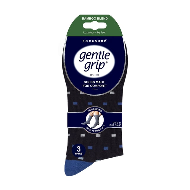 Gentle Grip  NON ELASTIC Bamboo Socks: If comfort is your sole goal when searching for a pair of socks, then consider these pair of Gentle Grip  NON ELASTIC bamboo socks to be the one of the best. Bamboo is credited as the modern ‘super fibre’, Gentle Grip is an esteemed sock brand focusing solely on comfort and a  NON ELASTIC technique is highly recommended to reduce pressure in the foot… everything seems to be right about this sock. Why Bamboo is great: Bamboo is commonly known to be an awesome material. Here are 3 reasons why bamboo is the best. Moisture wicking – Bamboo fibres naturally control temperatures, so a brilliant fibre knitted into socks. Antibacterial – Bamboo draws away the moisture meaning no room for it manoeuvre, therefore preventing potential foot infections. Super soft – Bamboo is considered a luxury fibre when keeping feet soft and comfortable. Gentle Grip – Non Elastic Honeycomb Top: Combining a natural bamboo blend and  NON ELASTIC honeycomb top gentle grip socks into one package could be the perfect pair of socks for your feet if comfort is your main goal. Extra Product Details: * 6 pair pack, Bamboo socks,  NON ELASTIC, Honeycomb top, Strengthened heel and toe, 5 designs to choose between, 77% Viscose Bamboo 17% Polyester and 1% elastane, Size 6-11 uk, 39-45 eur, 7-12 us, Machine washable