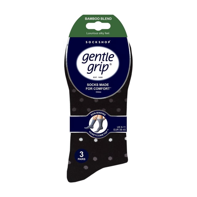 Gentle Grip  NON ELASTIC Bamboo Socks: If comfort is your sole goal when searching for a pair of socks, then consider these pair of Gentle Grip  NON ELASTIC bamboo socks to be the one of the best. Bamboo is credited as the modern ‘super fibre’, Gentle Grip is an esteemed sock brand focusing solely on comfort and a  NON ELASTIC technique is highly recommended to reduce pressure in the foot… everything seems to be right about this sock. Why Bamboo is great: Bamboo is commonly known to be an awesome material. Here are 3 reasons why bamboo is the best. Moisture wicking – Bamboo fibres naturally control temperatures, so a brilliant fibre knitted into socks. Antibacterial – Bamboo draws away the moisture meaning no room for it manoeuvre, therefore preventing potential foot infections. Super soft – Bamboo is considered a luxury fibre when keeping feet soft and comfortable. Gentle Grip – Non Elastic Honeycomb Top: Combining a natural bamboo blend and  NON ELASTIC honeycomb top gentle grip socks into one package could be the perfect pair of socks for your feet if comfort is your main goal. Extra Product Details: * 6 pair pack, Bamboo socks,  NON ELASTIC, Honeycomb top, Strengthened heel and toe, 5 designs to choose between, 77% Viscose Bamboo 17% Polyester and 1% elastane, Size 6-11 uk, 39-45 eur, 7-12 us, Machine washable
