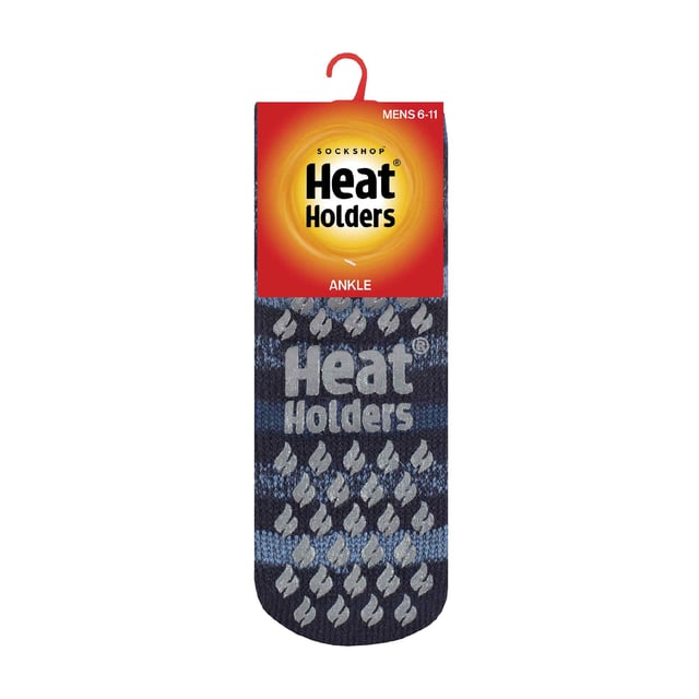 Calcetines tobilleros Heat Holders: La misma calidez y comodidad que el calcetín Heat Holders® Crew original, ¡pero con un largo de tobillo más corto! Incluyen pinzas antideslizantes en la parte inferior para proporcionar una mejor tracción en superficies interiores de madera o baldosas. Mantenga los pies calientes en los días más fríos y póngase este par de calcetines Heat Holders® para hombre, estilo zapatilla y hasta el tobillo, el calcetín térmico más cálido. Gruesos, gruesos y con un enorme índice de 2,34 tog, los Heat Holders® están fabricados con un hilo grueso especialmente desarrollado que posee cualidades térmicas extremas. Con un acolchado de pelo largo, estos calcetines térmicos ayudarán a mantener los pies totalmente cómodos y apoyados. El interior de cada calcetín se ha cepillado intensamente, lo que no sólo proporciona un tacto sensacionalmente suave, sino que también atrapa el aire caliente cerca de la piel, manteniendo los pies calientes durante más tiempo. Son de la talla 6-11 y están disponibles en 3 colores diferentes. Detalles adicionales del producto: - 1 par - Suela antideslizante - Largo hasta el tobillo - Extra cálidos - Hilo aislante avanzado - Interior cepillado suave - Acolchado de bucle largo - ¡Perfectos calcetines de salón! - Talla 6-11 uk - 3 colores