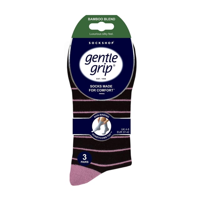 Calcetines de bambú Gentle Grip NO ELASTIC: Si la comodidad es su único objetivo cuando busca un par de calcetines, entonces considere este par de calcetines de bambú NO ELÁSTICOS de Gentle Grip como uno de los mejores. El bambú está considerado como la "superfibra" moderna, Gentle Grip es una marca de calcetines muy apreciada que se centra exclusivamente en la comodidad y la técnica NO ELÁSTICA es muy recomendable para reducir la presión en el pie... todo parece estar bien en este calcetín. Por qué el bambú es genial: El bambú es comúnmente conocido por ser un material impresionante. He aquí 3 razones por las que el bambú es el mejor. Absorción de la humedad - Las fibras de bambú controlan la temperatura de forma natural, por lo que es una fibra brillante tejida en calcetines. Gentle Grip - Non Elastic Honeycomb Top: Con un diseño especial HoneyComb Top, los calcetines suaves Gentle Grip son más cómodos para todos los usuarios, pero especialmente si tienes problemas circulatorios. La combinación de una mezcla de bambú natural y la parte superior de nido de abeja NO ELÁSTICA de los calcetines Gentle Grip en un solo paquete podría ser el par de calcetines perfecto para sus pies si la comodidad es su principal objetivo. Detalles adicionales del producto: * Pack de 6 pares, calcetines de bambú, NO ELÁSTICOS, parte superior de nido de abeja, talón y puntera reforzados, 5 diseños a elegir, 77% viscosa de bambú 17% poliéster y 1% elastano, talla 4-8 uk 37-42 eur 5-8 us, lavables a máquina