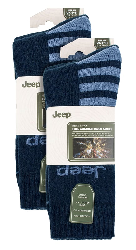 Jeep Mens 6 Pack Cotton Blend Boot Socks: Introducing the Jeep Cotton Blend Boot Socks, a must-have for ultimate comfort and protection! This 6 Pair Pack is crafted from 61% Polyester, 38% Cotton, and 1% Elastane for a perfect blend of softness and durability. The socks feature smooth toe seams and heavy ribbed cuffs for an irritation-free experience. Designed to keep your feet cosy and well-supported, these medium-thickness socks come fully cushioned from cuff to toe. The terry looped pile lining offers excellent defence against cold weather, shocks, impacts, and even tight boot laces or blisters from new leather boots. Whether you're at work or enjoying leisure time, these half calf length socks ensure a more enjoyable day. Plus, the woven Jeep branding on the legs adds a touch of style. Thanks to the breathable cotton blend, your feet stay dry and fresh throughout the day due to natural moisture absorbency. Walk with confidence as the arch supports keep the socks securely in place. And when it's time to wash, simply toss them in the machine at 40° for easy care. Upgrade your sock game with the comfort and reliability of Jeep Cotton Blend Boot Socks. Extra Product Details: Comforting and thickly cushioned for maximum protection against cold, shocks, and impacts. Soft and breathable cotton blend keeps feet dry and fresh. Smooth toe seams for irritation-free wear. Arch supports ensure a secure fit while walking. Heavy ribbed cuffs for added durability. Perfect for work or leisure, providing all-day comfort. Triple pack with woven Jeep branding adds style and value. Easy machine wash at 40° for convenient maintenance.