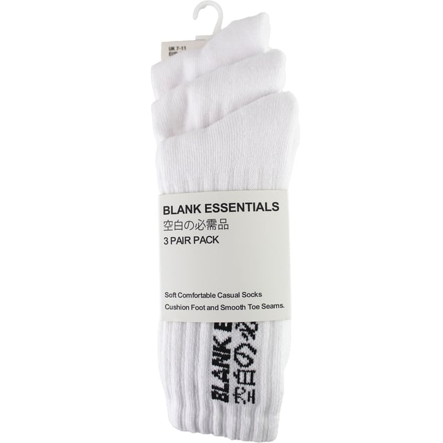 BLANK ESSENTIALS 3 Pack Cotton Socks: Step into a world of unmatched comfort and subtle style with the BLANK ESSENTIALS 3 Pack Cotton Socks. Specially designed to fit a range of shoe sizes, these crew socks effortlessly complement both your casual and official outfits, becoming an essential component of your wardrobe. Revel in the luxurious comfort these socks bring, an indispensable item for every discerning gentleman. BLANK ESSENTIALS socks are meticulously crafted to inject a wave of comfort into your daily grind. Featuring a harmonious blend of softness, breathability, and gentle support, these socks are poised to accompany you through all seasons. Made from a premium mix of 78% cotton, 11% polyamide, 9% polyester, and 2% elastane, they fit snugly into sizes 7-11 UK. The BLANK ESSENTIALS 3 Pack Cotton Socks boast several features. Their cushioned foot and smooth toe seams are signs of thoughtful design aimed at maximizing your comfort. Moreover, the easy stretch, non-binding rib ensures a perfect fit without restricting circulation. Whether you choose the classic white, sleek black, or the assorted colours pack, these socks are bound to elevate your daily comfort to new heights. Extra Product Information: - Supremely soft and comfortable - Made with high-quality materials - Easy stretch for a perfect fit - Non-binding for all-day comfort - Available in versatile colour options - Suitable for sizes 7-11 UK - Ideal for both casual and formal occasions - A must-have staple for the modern man