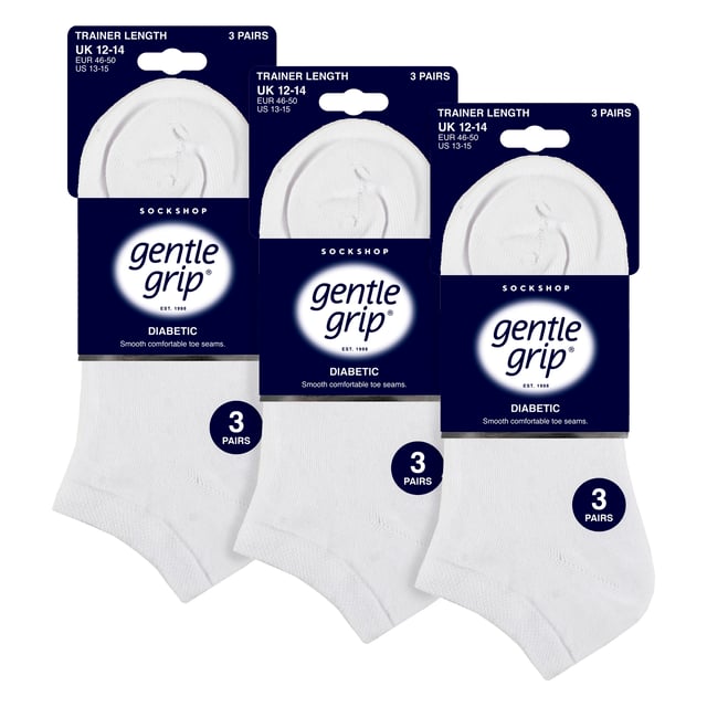 Gentle Grip - Men’s 9 Pair Multipack Diabetic Trainer Socks: Discover the ultimate solution for diabetic foot care with Gentle Grip's specially crafted diabetic socks for women. Engineered by technical experts, these Gentle Grip Diabetic Trainer socks offer a tailored approach to diabetic foot health with a low cut trainer length, perfect for the Spring & Summer seasons. Experience unparalleled comfort with these luxuriously soft cotton-rich socks, meticulously designed to securely hold ankles without elastication, eliminating the tightness that can pose problems for those with circulatory issues. Featuring hand-linked toes for smooth seams, these socks prioritise comfort for diabetics, preventing irritation and soreness. Choose these lightweight Gentle Grip diabetic trainer socks to care for your legs every day. These socks come in 9 pair packs and are available in 5 different options. They are made from: 77% Cotton, 15% Polyester, 1% Elastane. They come in 2 Men’s Sizes: 6-11 UK, 12-14 UK and are Machine Washable. Extra Product Details: Gentle Grip Diabetic Trainer Socks 9 Pack Diabetic Trainer Socks  NON ELASTIC Ankle Top Smooth Toe Seam HoneyComb Top Hand Linked Toe Seam