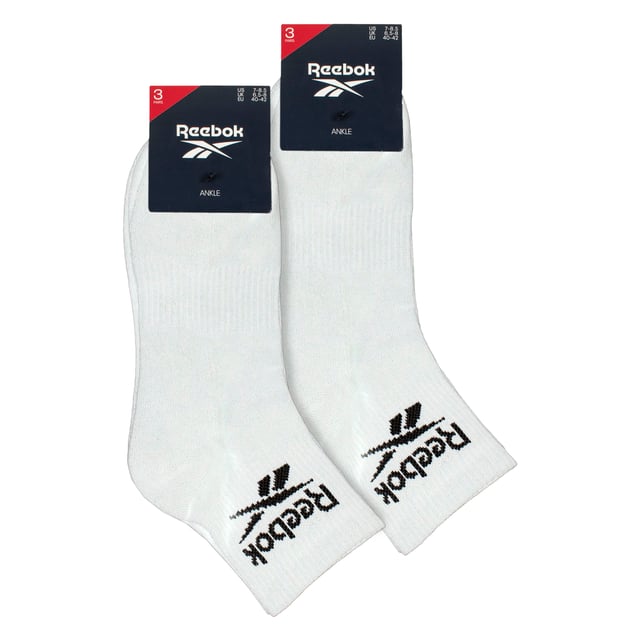 Reebok - 6 Pack Men's & Ladies Core Cotton Ankle Socks:  Reebok Core Cotton Ankle Socks are meticulously designed for everyday comfort, featuring an innovative ankle fit that stays discreetly hidden for that desired sockless appearance. Ideal for those who prefer an unobtrusive and minimalist style, these socks seamlessly blend into any outfit while maintaining maximum comfort throughout the day. These socks offer a great balance of softness, durability, and flexibility. Additionally, supportive elastic arch bands are incorporated into the design, offering a secure, snug fit around the foot's natural arch. These bands help to prevent sock slippage during movement, ensuring the socks stay in place without bunching or sliding down, even during intense physical activity. These ankle socks are made from a soft, smooth cotton blend that ensures breathability and a cool, comfortable feel all day long. The perfect blend of comfort and functionality, these socks are ideal for any activity. These everyday socks are crafted for enhanced comfort and durability, featuring soft terry cushioning strategically placed in the soles, heels, and toes. This extra layer of padding provides superior shock absorption, making them perfect for long hours of wear. They are constructed from a blend of 61% Cotton, 35% Polyester, 3% Elastane, and 1% Polyamide, they come in a 6 pair pack and are available in classic Black or White. These socks come in 3 sizes: 6-8, 8-10 and 10-12 UK are also machine washable at 40°, making them easy to care for. Extra Product Details: Reebok Core Ankle Socks Cotton Rich Fibres Invisible Under-Ankle Design Arch Support Bands Seamless Toe Soft & Breathable 6 Pairs Per Pack Machine Washable