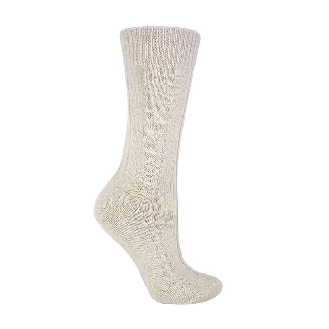 Ladies 100% Wool Bed Socks: Socks that are made from 100% wool and that are fully functional can be hard to find. These ladies 100% wool bed socks are as warm and cuddly as they look. Wool is traditionally known to be one of the best insulating fibres around, trapping warm air and holding it close to your skin. With a 100% wool material composition, these socks have the ultimate ability to keep your feet warm. The top of the sock also has a loose fit - facilitating blood circulation, great if you are relaxing around the house or in bed for a less constrictive feel. These ladies socks also have a ribbed Nordic-like pattern that rides up the sock from the toe to the welt. This pair of ladies 100% wool bed socks are available in the colour natural and are a size 4-7 UK 37-42 eur. They come in a 1 pair pack and are machine washable. Extra Product Details: - 1 Pair Pack - Size 4-7 UK 37-42 - Ladies socks - 100% Wool - Perfect for relaxing - Non-constricting top - Nordic-like knitting pattern - Machine Washable