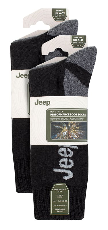 Jeep Men’s 6 Pack Performance Cotton Boot Socks: Introducing our 6 Pair Pack of Jeep Performance Poly Cotton Boot Socks for men. Crafted mainly from a superior blend of Polyester and Cotton, these socks are a perfect addition to your wardrobe, whether for work or leisure wear. Engineered for comfort and built to last, they transform your everyday boots into a comfortable, shock-absorbing haven for your feet. They also have breathable panels in the uppers for enhanced air circulation. These innovative panels ensure your feet stay cool and fresh, even after a long day's wear. With their stylish branded looks, these socks are woven with the utmost care. The natural softness of the cotton, combined with the premium and durable performance of the polyester, ensures they are not only soft but also long-lasting. Resilient and robust, these socks are lined with a terry looped pile from the cuff to the toe, providing full cushioning for your feet. A standout feature is the elasticated arch support band situated at the mid-foot. This not only gives the socks a secure hold on your foot but also offers gentle lift and support to the arch, facilitating improved foot comfort. These Jeep Socks are made from quality material consisting of 60% Polyester 38% Cotton 1% Elastodiene 1% Elastane and available in 6 different colours/styles. They are also Machine Washable. Extra Product Details: Jeep Thermal Boot Socks Performance Poly Blend Double Layered Ribbed Cuff Warm & Comfortable Terry Looped Cushioning  Arch Support Ideal For Winter Striped Marl Patterns 6 Styles/Colours Available Machine Washable