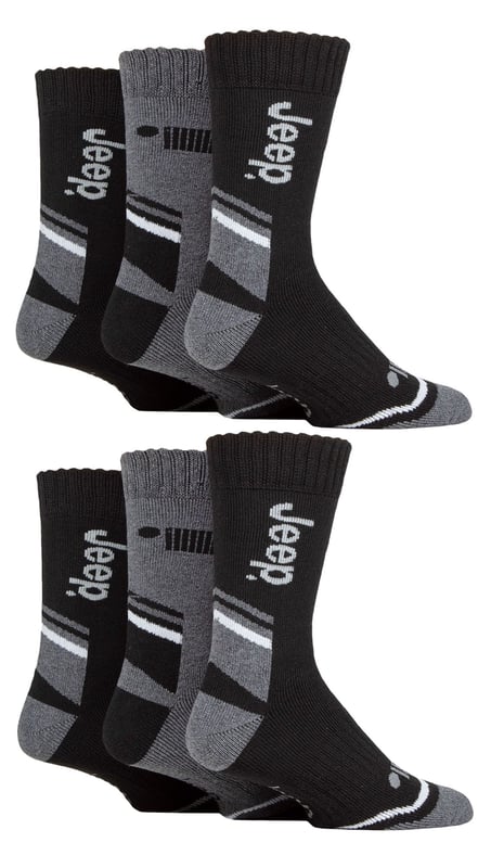 Jeep Men’s 6 Pack Performance Cotton Boot Socks: Introducing our 6 Pair Pack of Jeep Performance Poly Cotton Boot Socks for men. Crafted mainly from a superior blend of Polyester and Cotton, these socks are a perfect addition to your wardrobe, whether for work or leisure wear. Engineered for comfort and built to last, they transform your everyday boots into a comfortable, shock-absorbing haven for your feet. They also have breathable panels in the uppers for enhanced air circulation. These innovative panels ensure your feet stay cool and fresh, even after a long day's wear. With their stylish branded looks, these socks are woven with the utmost care. The natural softness of the cotton, combined with the premium and durable performance of the polyester, ensures they are not only soft but also long-lasting. Resilient and robust, these socks are lined with a terry looped pile from the cuff to the toe, providing full cushioning for your feet. A standout feature is the elasticated arch support band situated at the mid-foot. This not only gives the socks a secure hold on your foot but also offers gentle lift and support to the arch, facilitating improved foot comfort. These Jeep Socks are made from quality material consisting of 60% Polyester 38% Cotton 1% Elastodiene 1% Elastane and available in 6 different colours/styles. They are also Machine Washable. Extra Product Details: Jeep Thermal Boot Socks Performance Poly Blend Double Layered Ribbed Cuff Warm & Comfortable Terry Looped Cushioning  Arch Support Ideal For Winter Striped Marl Patterns 6 Styles/Colours Available Machine Washable