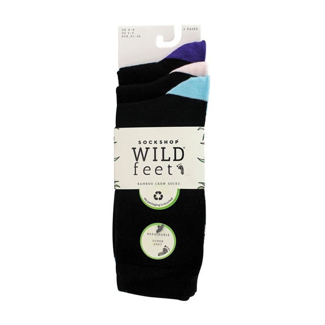 Wildfeet - Ladies 3 Pair Bamboo Socks with Foot Patterns: Smooth, silky and super-soft in beautiful bamboo, these three pairs of Wildfeet Patterned Bamboo Socks are the ideal everyday socks for anyone with delicate or sensitive skin. The mixed colour designs will look good for every occasion. The lightweight and breathable knit combines with moisture-managing and thermoregulating, naturally antibacterial bamboo to give you happier, drier and fresher-feeling feet through your day. Bamboo is eco-friendly and sustainable. Better yet, the packaging for these socks is made using recycled paper. For extra durability, toes and heels have been invisibly reinforced too. They also come in 7 different colours/designs which include: 2 types of Navy, Black, Blue Spot, Yellow Spot, Purple Zebra and Green Zebra. Wild Feet is a range of socks featuring cool designs, bold colours and quirky catchphrases - from pugs and penguins, to lions and llamas! . There are 7 colours to choose from: Black, Navy, Yellow, Blue, Green & Purple. They come in one size Ladies 4-8 UK, are made from 70% Viscose (from Bamboo), 28% Polyester, 2% Elastane and are machine washable. Extra Product Details: Ladies Wildfeet Patterned Socks Cute Foot Patterns Super Soft Bamboo Fibres 7 Colours/Design Options Made For Everyday A Great Gift Idea The Ideal Stocking Filler Soft & Breathable One Size: 4-8 UK Machine Washable