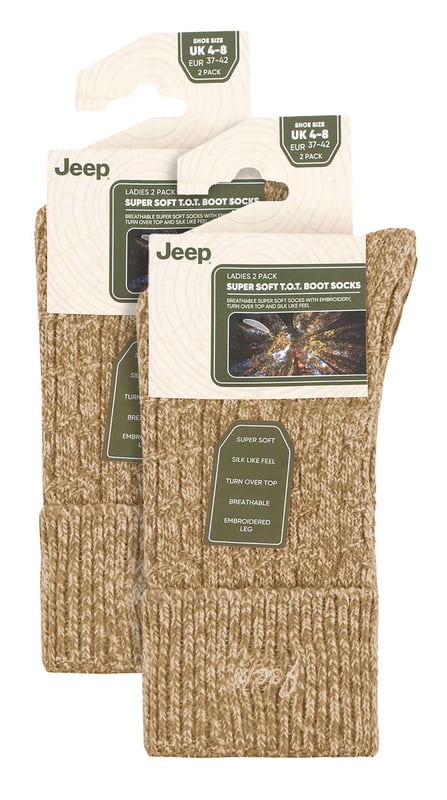 Jeep Ladies 4 Pack Turn Over Top Boot Socks: Introducing the Jeep Super Soft Turn Over Top Boot Socks, a delightful twin-packed set designed for ultimate comfort and cosiness. Crafted from 97% Polyester and 3% Elastane, these crew length ladies' socks boast a silk-like feel and are exceptionally breathable. The medium thickness, ribbed legs, and standard toe seams add to their appeal, making them a perfect match for ankle-length boots. With a charming Jeep embroidery on the turn over top cuffs, these socks come in complementing plain and marl colours. Their enhanced decorative ribbed pattern exudes elegance and style. Despite the thick knit, these socks efficiently release moisture and allow air movement, ensuring your feet stay comfortable throughout the day. Machine washable at 40°, these Jeep Super Soft Turn Over Top Boot Socks offer unbeatable softness and warmth, making them a must-have addition to your sock collection. Treat your feet to a luxurious experience with these indulgent socks. Extra Product Details: Made of 97% Polyester, 3% Elastane - silk-like feel, highly breathable. Perfect fit for ankle-length boots, medium thickness, ribbed legs. Charming Jeep embroidery, complementing plain & marl colors. Elegant ribbed pattern, moisture-wicking & airflow design. Machine washable at 40°, unbeatable softness & warmth. Luxurious experience for your feet, a must-have addition to your collection.