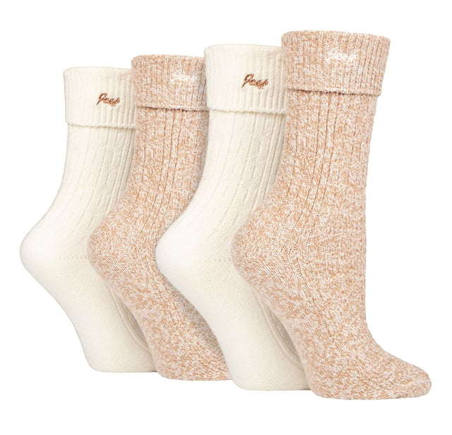 Jeep Ladies 4 Pack Turn Over Top Boot Socks: Introducing the Jeep Super Soft Turn Over Top Boot Socks, a delightful twin-packed set designed for ultimate comfort and cosiness. Crafted from 97% Polyester and 3% Elastane, these crew length ladies' socks boast a silk-like feel and are exceptionally breathable. The medium thickness, ribbed legs, and standard toe seams add to their appeal, making them a perfect match for ankle-length boots. With a charming Jeep embroidery on the turn over top cuffs, these socks come in complementing plain and marl colours. Their enhanced decorative ribbed pattern exudes elegance and style. Despite the thick knit, these socks efficiently release moisture and allow air movement, ensuring your feet stay comfortable throughout the day. Machine washable at 40°, these Jeep Super Soft Turn Over Top Boot Socks offer unbeatable softness and warmth, making them a must-have addition to your sock collection. Treat your feet to a luxurious experience with these indulgent socks. Extra Product Details: Made of 97% Polyester, 3% Elastane - silk-like feel, highly breathable. Perfect fit for ankle-length boots, medium thickness, ribbed legs. Charming Jeep embroidery, complementing plain & marl colors. Elegant ribbed pattern, moisture-wicking & airflow design. Machine washable at 40°, unbeatable softness & warmth. Luxurious experience for your feet, a must-have addition to your collection.