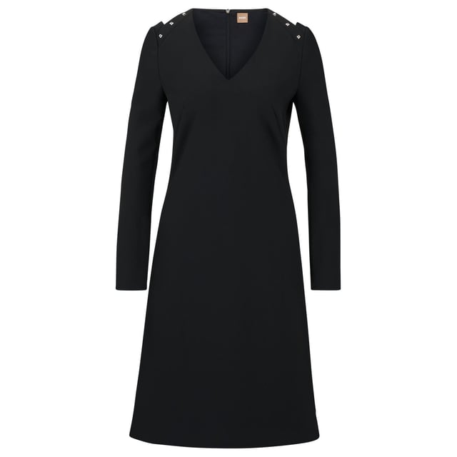 Womens BOSS Dariva Dress in black.- V-Neck.- Studded cut-out detail at shoulders.- Long sleeves.- Rear zip closure.- Knee length.- Straight cut.- Main material: 61% Polyester  26% viscose  7% cotton  6% elastane.  Dry clean.- Ref: 50485220001