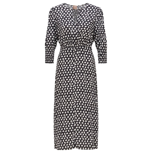 feminine dress with voluminous sleeves with smocking detailing - gathering at waist for feminine look - iconic stripe flag