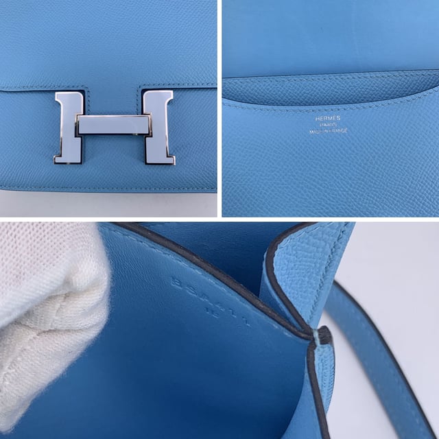 VINTAGE, RRP AS NEW
This beautiful Bag will come with a Certificate of ity provided by Entrupy, leading International Fashion ators. The certificate will be provided at no further cost  Hermès 'Constance 18' shoulder bag. This is a very iconic model by Hermes; legend has it that in 1967 Jean-Louis Dumas asked a designer to design a new bag model. The designer, who was pregnant, decided to give the bag the same name as her daughter, Constance. This model is crafted from light blue celeste Epsom leather with silver metal hardware. Flap with H clasp on the front enameled in white. Leather lining. 2 main sections inside. 3 side open pockets inside. The shoulder strap can be worn in two ways: longer or shorter, doubled. Mini mirror inside. 'HERMES Paris - Made in France' embossed under the flap. Condition Rating: A - EXCELLENTCondition Details: Minimal scratches on the rteverse of the flap. Hermes box and dustbag included. Please check the photos carefully and ask if you need to know more details or if you have any doubts.Measurements (cm):Depth: 3.8Height: 14.0Length: 17.8Other Details: Dustbag? YesKeys? NoBox? Yes Measurments:  width: 38 mm length: 178 mm height: 140 mm
