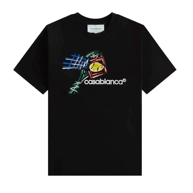 Expertly crafted from 100% organic cotton, the Casablanca Croquis De Tennis Printed T-Shirt in Black offers a regular fit and a crew neck for comfort. It's unique tennis screen printed artwork at the front adds a touch of sporty sophistication. Embrace sustainable fashion with this black cotton tee.