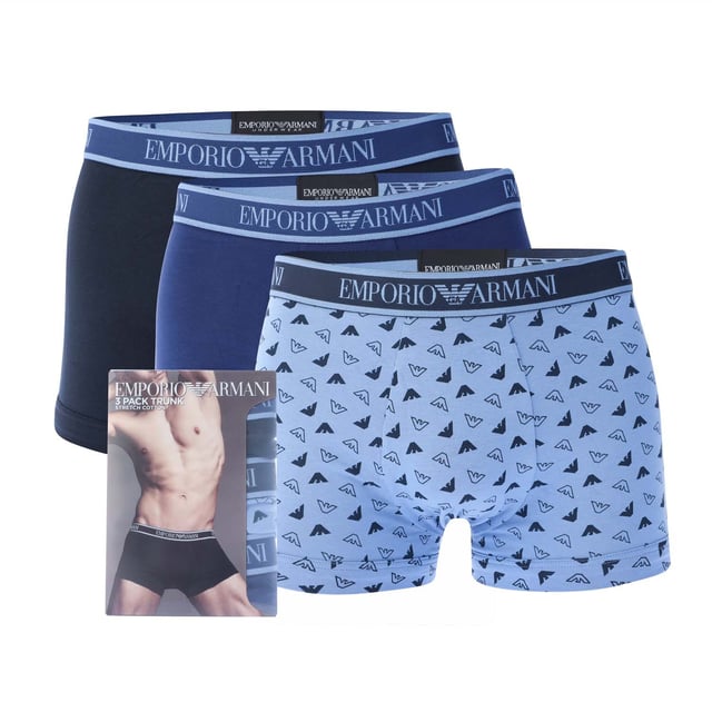 Mens Emporio Armani 3 Pack of Core Logo Trunks in various.- Branded elasticated waistband.- Stretch fabric.- 95% Cotton  5% Elastane.XS = 27-29inS = 30-32inM = 32-34inL = 34-36inXL = 37-39inXXL = 39-41in- Ref: 1121314F775336We regret that underwear is non-returnable due to hygiene reasons.