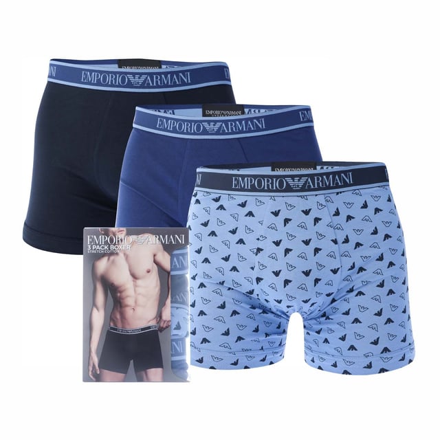 Mens Emporio Armani 3 Pack of Core Logo Boxers in various.- Branded elasticated waistband.- Stretch fabric.- 95% Cotton  5% Elastane.XS = 27-29inS = 30-32inM = 32-34inL = 34-36inXL = 37-39inXXL = 39-41in- Ref: 1121314F775336We regret that underwear is non-returnable due to hygiene reasons.