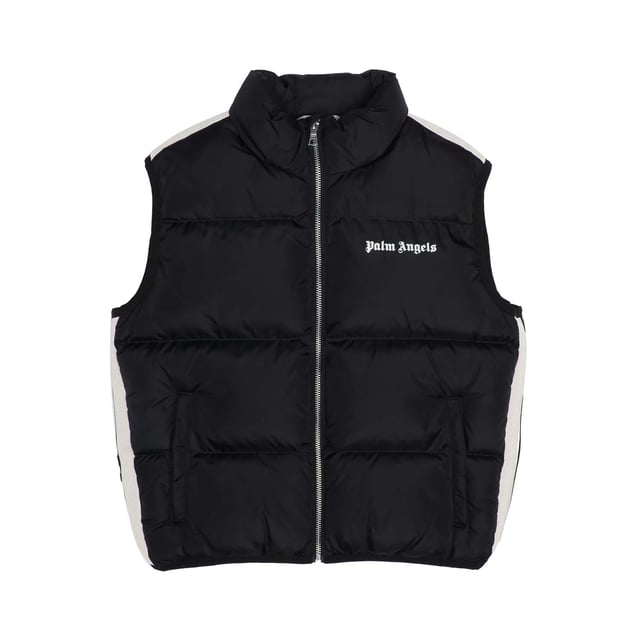 Juniors Palm Angels Logo Padded Track Vest in black-white.- High neck.- Full zip fastening.- Fillet pockets.- Padded.- Palm Angels logo.- Beige knitted band with black stripe sewn on shoulder and at side.- Regular fit.- 100% Polyamide.- Ref: PBEA0100011001