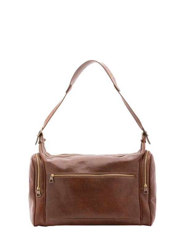 Unisex-Reisetasche mit Reißverschluss. eine mit Reißverschluss-Innentaschen. eine Fronttasche mit Reißverschluss und zwei seitliche Außentaschen mit Reißverschluss. verstellbarer und abnehmbarer Schultergurt aus Leder. fehlender Griff. ein Innenfach.  Außenmaterial. Innen mit Baumwolle gefüttert. Maße: 45x35x23 cm. Hergestellt in Italien