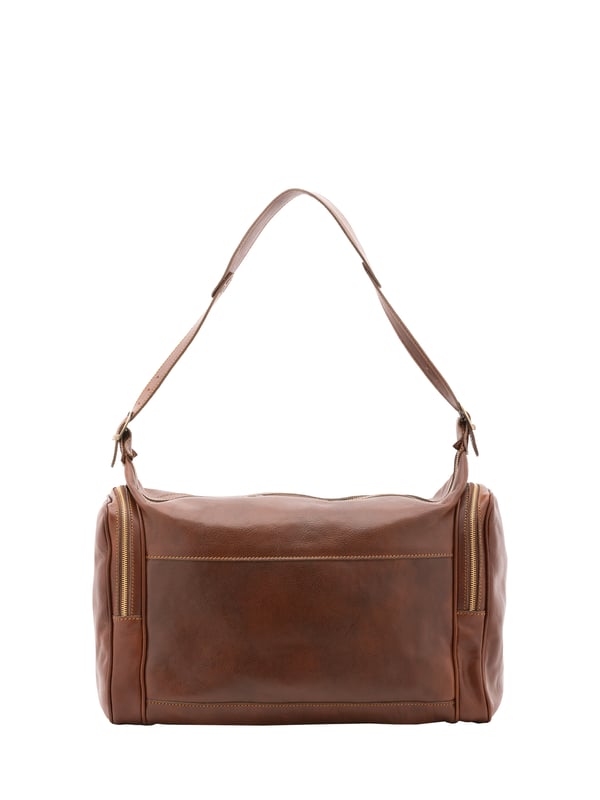 Unisex-Reisetasche mit Reißverschluss. eine mit Reißverschluss-Innentaschen. eine Fronttasche mit Reißverschluss und zwei seitliche Außentaschen mit Reißverschluss. verstellbarer und abnehmbarer Schultergurt aus Leder. fehlender Griff. ein Innenfach.  Außenmaterial. Innen mit Baumwolle gefüttert. Maße: 45x35x23 cm. Hergestellt in Italien