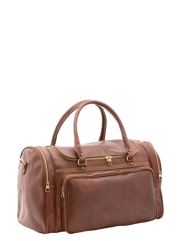Alessia Firenze Reisetasche Unisex Unisex-Reisetasche mit Reißverschluss. eine mit Reißverschluss-Innentaschen. eine Fronttasche mit Reißverschluss und zwei seitliche Außentaschen mit Reißverschluss. verstellbarer und abnehmbarer Schultergurt aus Leder. im Ledergriff. ein Innenfach. Außenmaterial. Innen mit Baumwolle gefüttert. Maße: 52x37x29 cm. Hergestellt in Italien