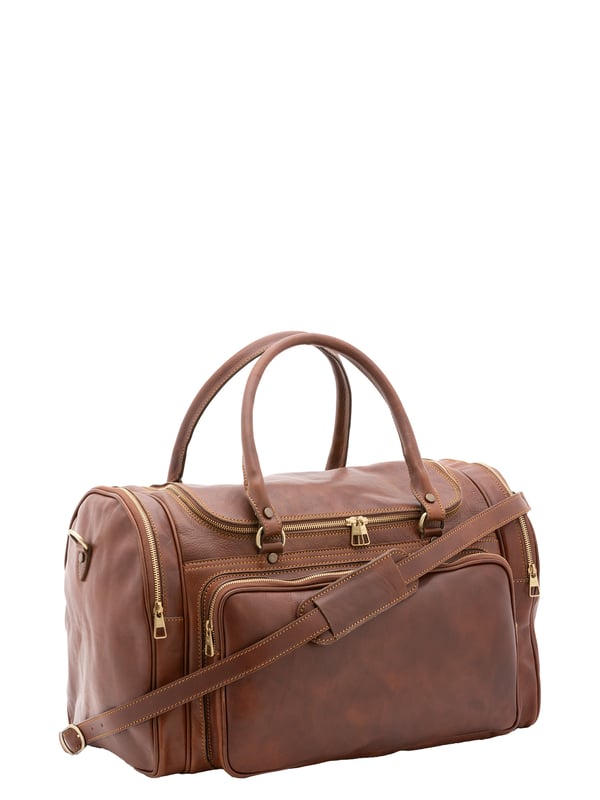 Alessia Firenze Reisetasche Unisex Unisex-Reisetasche mit Reißverschluss. eine mit Reißverschluss-Innentaschen. eine Fronttasche mit Reißverschluss und zwei seitliche Außentaschen mit Reißverschluss. verstellbarer und abnehmbarer Schultergurt aus Leder. im Ledergriff. ein Innenfach. Außenmaterial. Innen mit Baumwolle gefüttert. Maße: 52x37x29 cm. Hergestellt in Italien