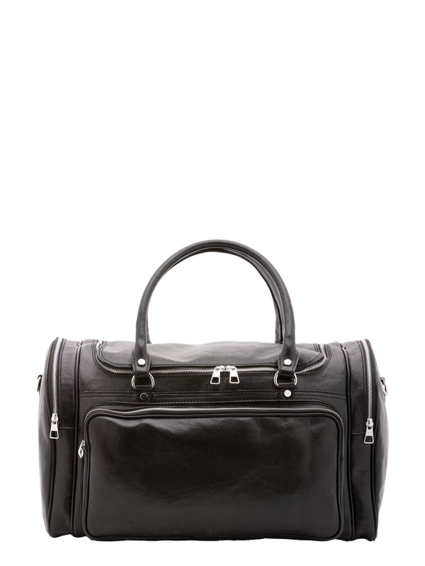 Unisex-Reisetasche mit Reißverschluss. eine mit Reißverschluss-Innentaschen. eine Fronttasche mit Reißverschluss und zwei seitliche Außentaschen mit Reißverschluss. verstellbarer und abnehmbarer Schultergurt aus Leder. im Ledergriff. ein Innenfach.  Außenmaterial. Innen mit Baumwolle gefüttert. Maße: 52x37x29 cm. Hergestellt in Italien