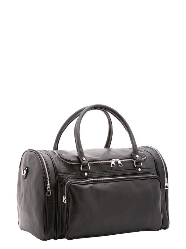 Unisex-Reisetasche mit Reißverschluss. eine mit Reißverschluss-Innentaschen. eine Fronttasche mit Reißverschluss und zwei seitliche Außentaschen mit Reißverschluss. verstellbarer und abnehmbarer Schultergurt aus Leder. im Ledergriff. ein Innenfach.  Außenmaterial. Innen mit Baumwolle gefüttert. Maße: 52x37x29 cm. Hergestellt in Italien