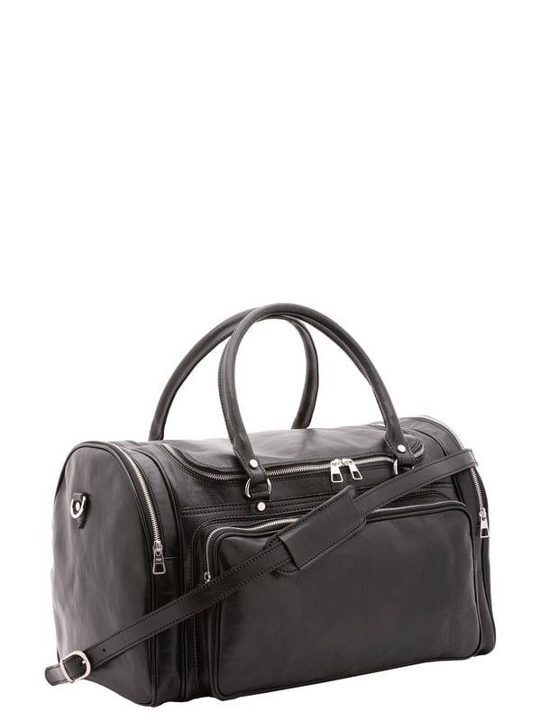 Unisex-Reisetasche mit Reißverschluss. eine mit Reißverschluss-Innentaschen. eine Fronttasche mit Reißverschluss und zwei seitliche Außentaschen mit Reißverschluss. verstellbarer und abnehmbarer Schultergurt aus Leder. im Ledergriff. ein Innenfach.  Außenmaterial. Innen mit Baumwolle gefüttert. Maße: 52x37x29 cm. Hergestellt in Italien