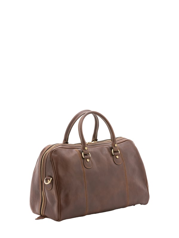 Unisex-Reisetasche mit Reißverschluss. eine mit Reißverschluss-Innentaschen. fehlende Außentaschen. verstellbarer und abnehmbarer Schultergurt aus Leder. im Ledergriff. ein Innenfach.  Außenmaterial. Innen mit Baumwolle gefüttert. Maße: 47x36x15 cm. Hergestellt in Italien