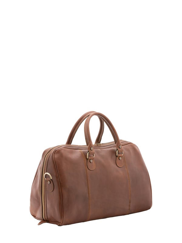Unisex-Reisetasche mit Reißverschluss. eine mit Reißverschluss-Innentaschen. fehlende Außentaschen. verstellbarer und abnehmbarer Schultergurt aus Leder. im Ledergriff. ein Innenfach.  Außenmaterial. Innen mit Baumwolle gefüttert. Maße: 47x36x15 cm. Hergestellt in Italien