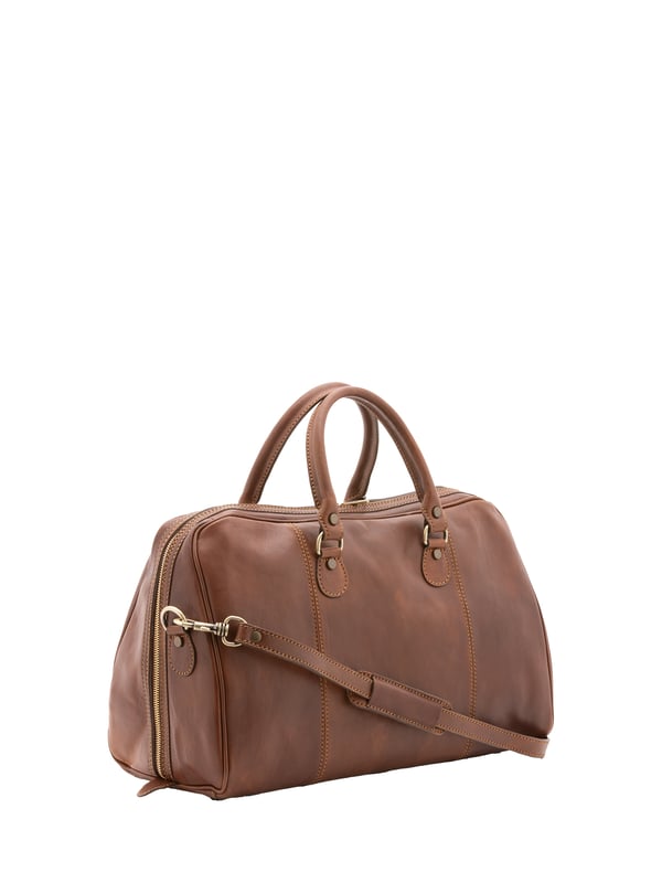 Unisex-Reisetasche mit Reißverschluss. eine mit Reißverschluss-Innentaschen. fehlende Außentaschen. verstellbarer und abnehmbarer Schultergurt aus Leder. im Ledergriff. ein Innenfach.  Außenmaterial. Innen mit Baumwolle gefüttert. Maße: 47x36x15 cm. Hergestellt in Italien