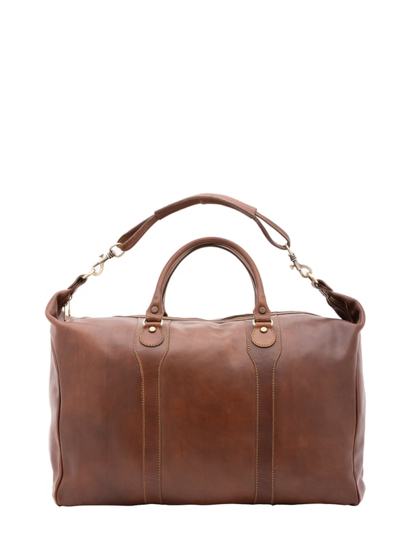 Bolsa de viaje unisex. El cierre es con cremallera. Los bolsillos internos son uno con cremallera. Los bolsillos externos están ausentes. La bandolera es ajustable y extraíble en piel. El mango es de piel. Hay un compartimento interno. El material exterior es 100% Piel Auténtica. Internamente está forrado en algodón. Medidas: 52x44x20 cm. Hecho en Italia