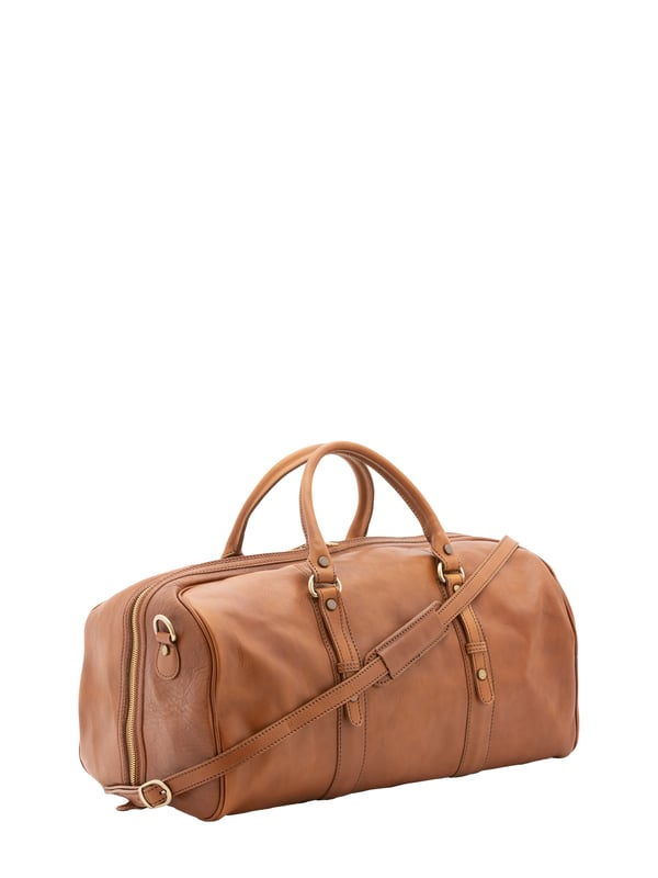 Unisex-Reisetasche mit Reißverschluss. eine mit Reißverschluss-Innentaschen. fehlende Außentaschen. verstellbarer und abnehmbarer Schultergurt aus Leder. im Ledergriff. ein Innenfach.  Außenmaterial. Innen mit Baumwolle gefüttert. Maße: 50x37x28 cm. Hergestellt in Italien