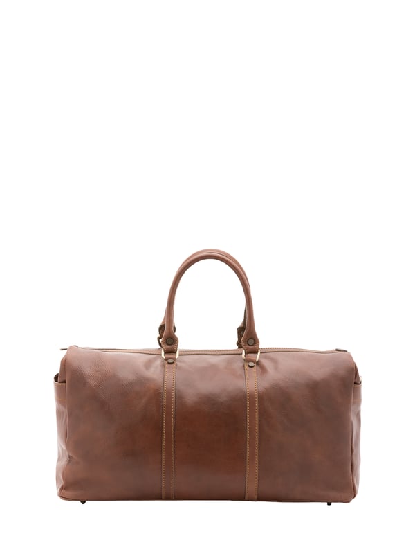 Unisex-Reisetasche mit Reißverschluss. eine Innentasche mit Reißverschluss und eine offene. fehlende Außentaschen. verstellbarer und abnehmbarer Schultergurt aus Leder. im Ledergriff. ein Innenfach.  Außenmaterial. Innen mit Baumwolle gefüttert. Maße: 50x35x20 cm. Hergestellt in Italien
