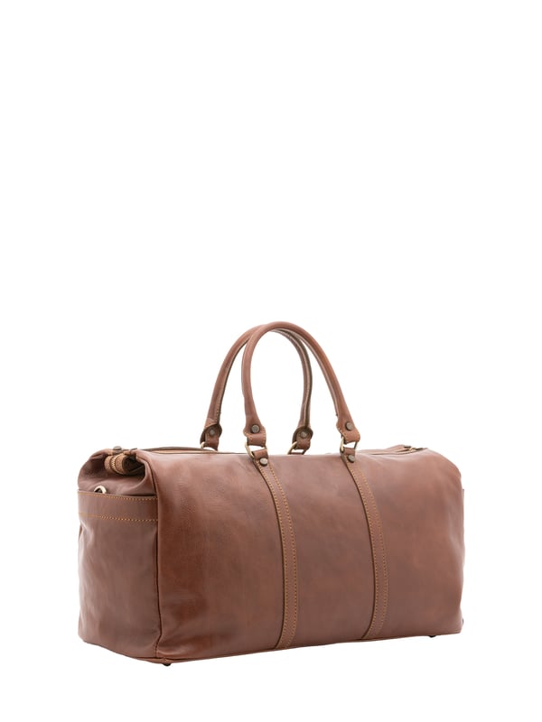 Unisex-Reisetasche mit Reißverschluss. eine Innentasche mit Reißverschluss und eine offene. fehlende Außentaschen. verstellbarer und abnehmbarer Schultergurt aus Leder. im Ledergriff. ein Innenfach.  Außenmaterial. Innen mit Baumwolle gefüttert. Maße: 50x35x20 cm. Hergestellt in Italien