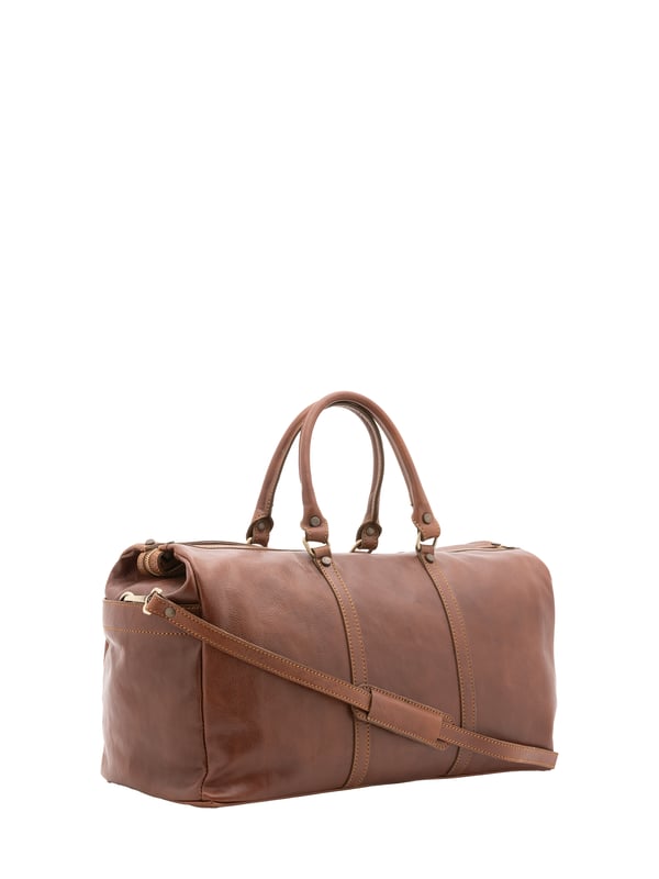 Unisex-Reisetasche mit Reißverschluss. eine Innentasche mit Reißverschluss und eine offene. fehlende Außentaschen. verstellbarer und abnehmbarer Schultergurt aus Leder. im Ledergriff. ein Innenfach.  Außenmaterial. Innen mit Baumwolle gefüttert. Maße: 50x35x20 cm. Hergestellt in Italien