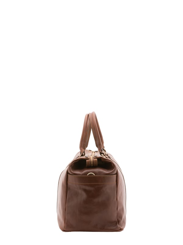Unisex-Reisetasche mit Reißverschluss. eine Innentasche mit Reißverschluss und eine offene. fehlende Außentaschen. verstellbarer und abnehmbarer Schultergurt aus Leder. im Ledergriff. ein Innenfach.  Außenmaterial. Innen mit Baumwolle gefüttert. Maße: 50x35x20 cm. Hergestellt in Italien