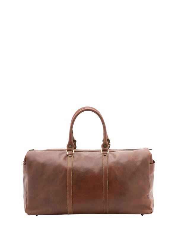 Unisex-Reisetasche mit Reißverschluss. eine Innentasche mit Reißverschluss und eine offene. fehlende Außentaschen. verstellbarer und abnehmbarer Schultergurt aus Leder. im Ledergriff. ein Innenfach.  Außenmaterial. Innen mit Baumwolle gefüttert. Maße: 50x35x20 cm. Hergestellt in Italien
