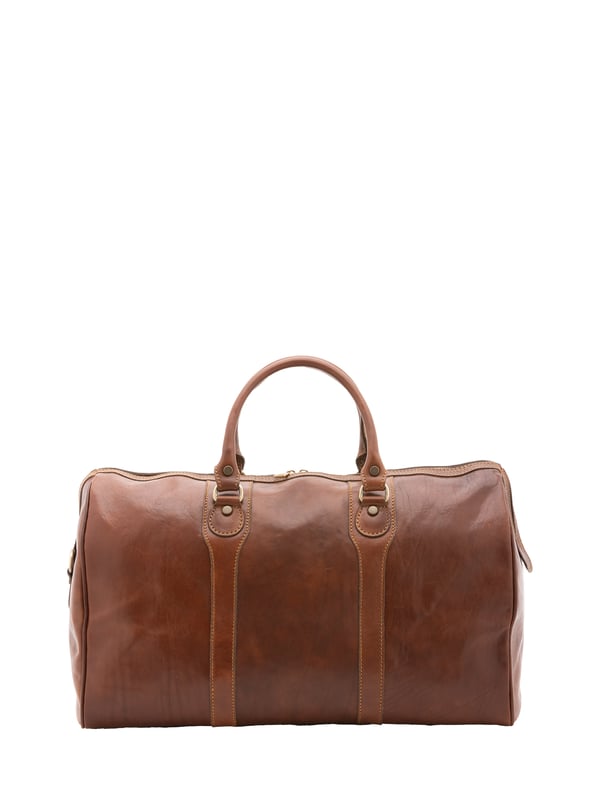 Unisex-Reisetasche mit Reißverschluss. eine mit Reißverschluss-Innentaschen. fehlende Außentaschen. verstellbarer und abnehmbarer Schultergurt aus Leder. im Ledergriff. ein Innenfach.  Außenmaterial. Innen mit Baumwolle gefüttert. Maße: 52x38x20 cm. Hergestellt in Italien