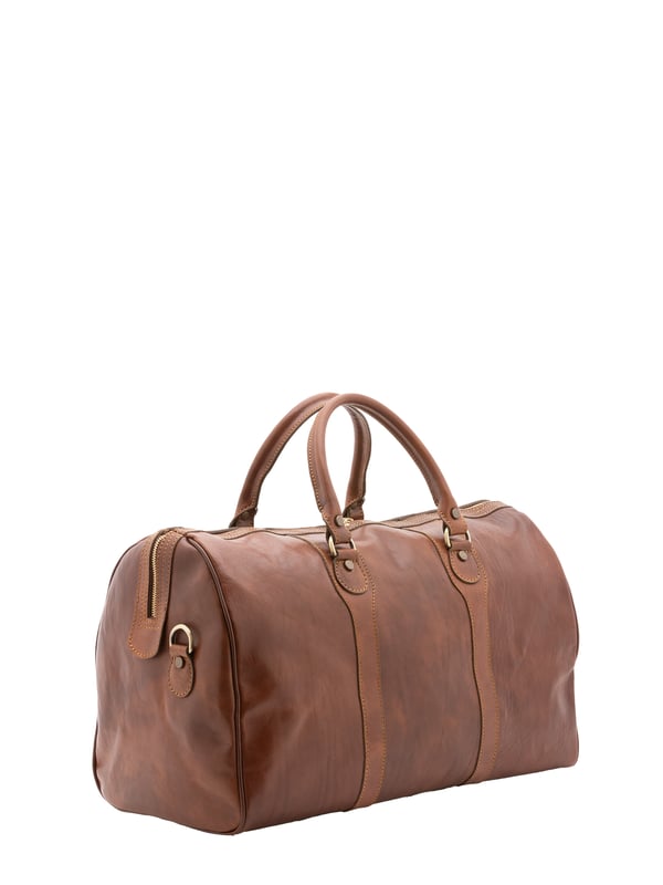 Unisex-Reisetasche mit Reißverschluss. eine mit Reißverschluss-Innentaschen. fehlende Außentaschen. verstellbarer und abnehmbarer Schultergurt aus Leder. im Ledergriff. ein Innenfach.  Außenmaterial. Innen mit Baumwolle gefüttert. Maße: 52x38x20 cm. Hergestellt in Italien