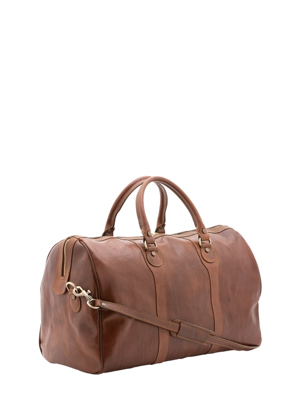 Unisex-Reisetasche mit Reißverschluss. eine mit Reißverschluss-Innentaschen. fehlende Außentaschen. verstellbarer und abnehmbarer Schultergurt aus Leder. im Ledergriff. ein Innenfach.  Außenmaterial. Innen mit Baumwolle gefüttert. Maße: 52x38x20 cm. Hergestellt in Italien